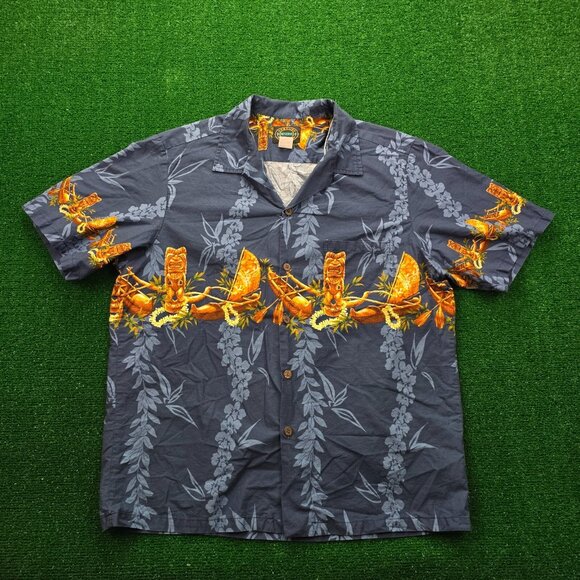 Hawaii‎ Reserve Collection Shirt Mens Large/XL Blue Tiki Tribal Tropical Camp - Picture 1 of 9